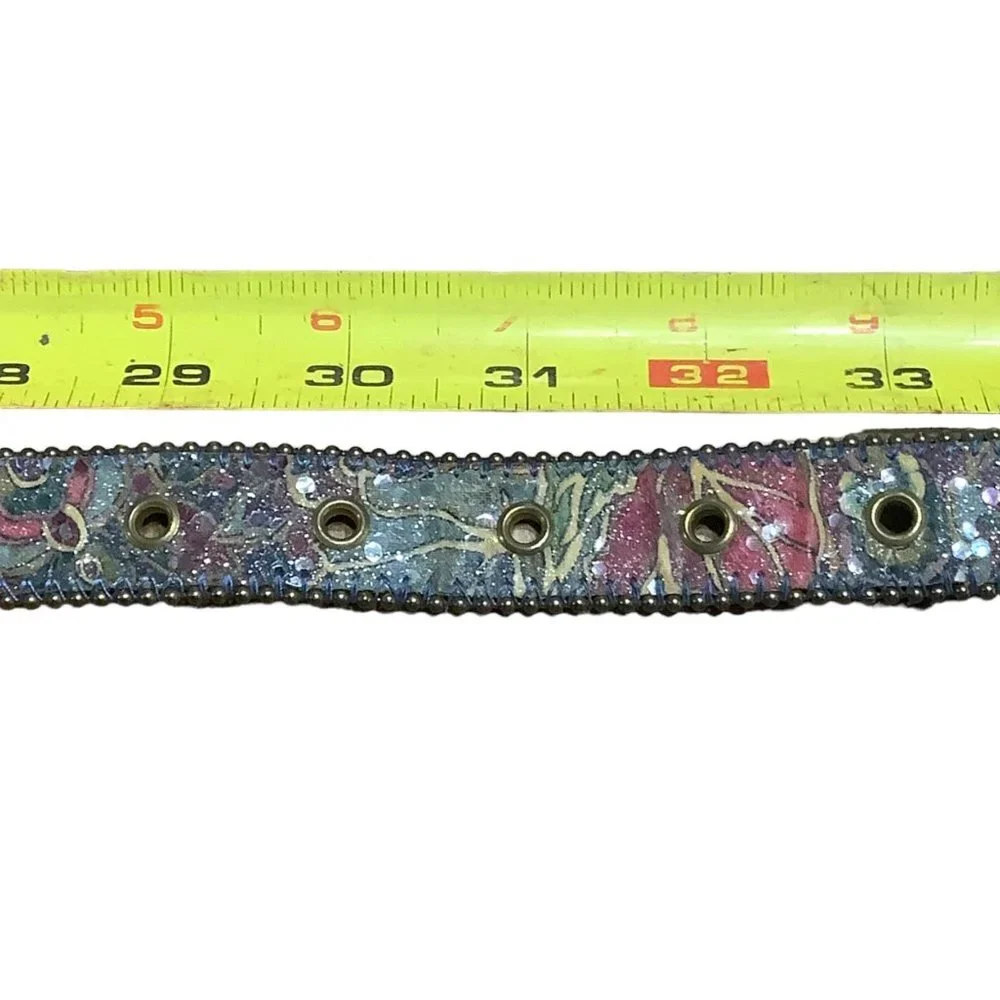 Vtg Floral‎ Tapestry Beaded Edge Belt Medium Large 80s Flower Faux Vegan Leather